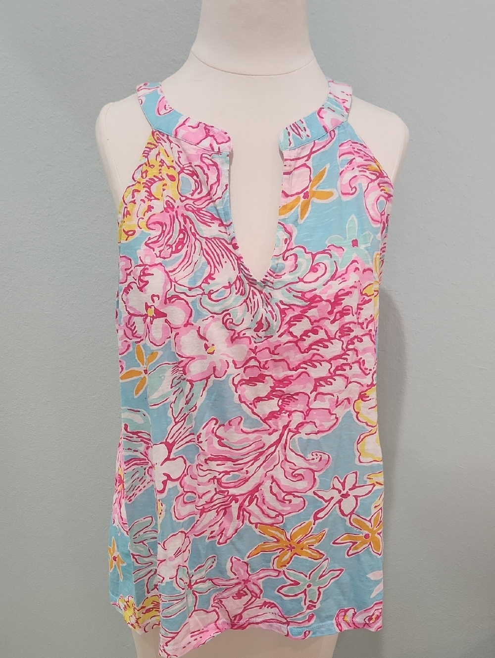 Lilly Pulitzer Pink Floral Halter Tank with Blue & Yellow Accents